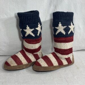 MUK LUKS STARS STRIPES CABLE KNIT BOOT SLIPPERS, WOMENS SZ LARGE 8/9 FLEECE LINE